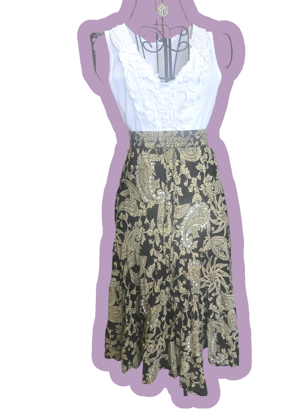 Black & Gold Paisley Midi Skirt With Sequins